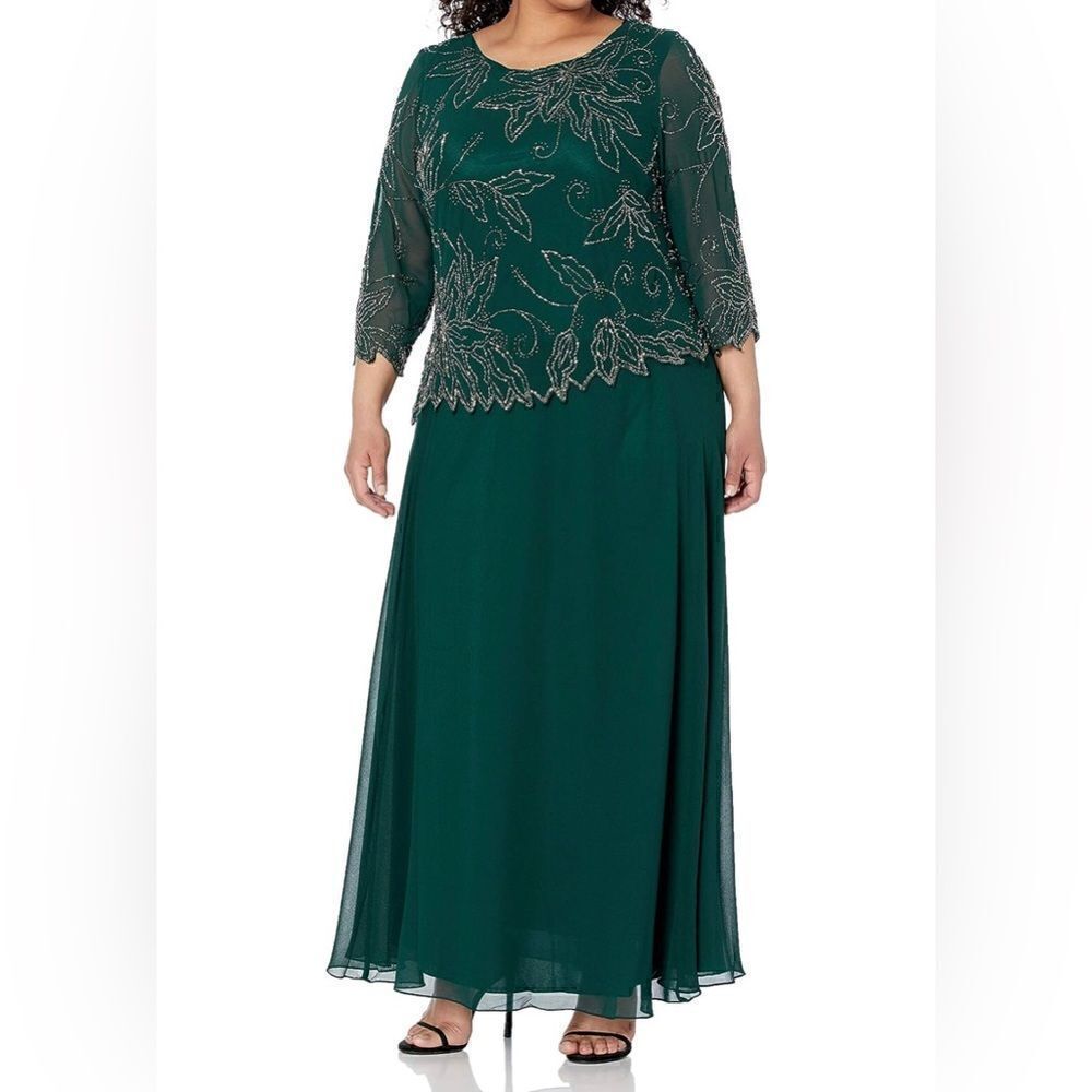 JKARA full length size 16 petite hunter green floral pewter beaded gown